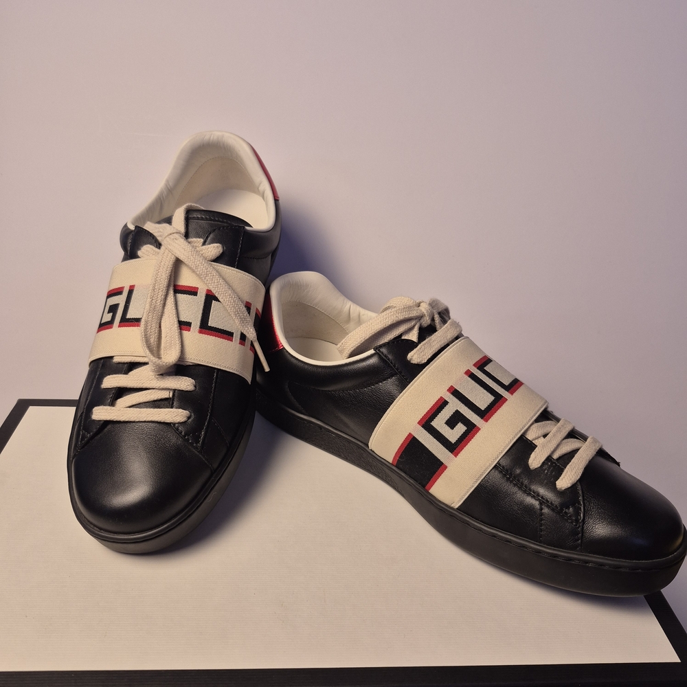 GUCCI - Authentic Preloved Gucci Mens ACE Stripe Black Sneakers US 8.5 - Picture 5 of 11